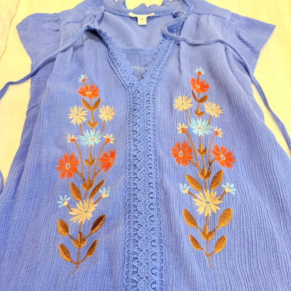 Blu Pepper Boho Floral Embroidered Lace Trim Blouse Periwinkle Blue Large - Picture 4 of 4